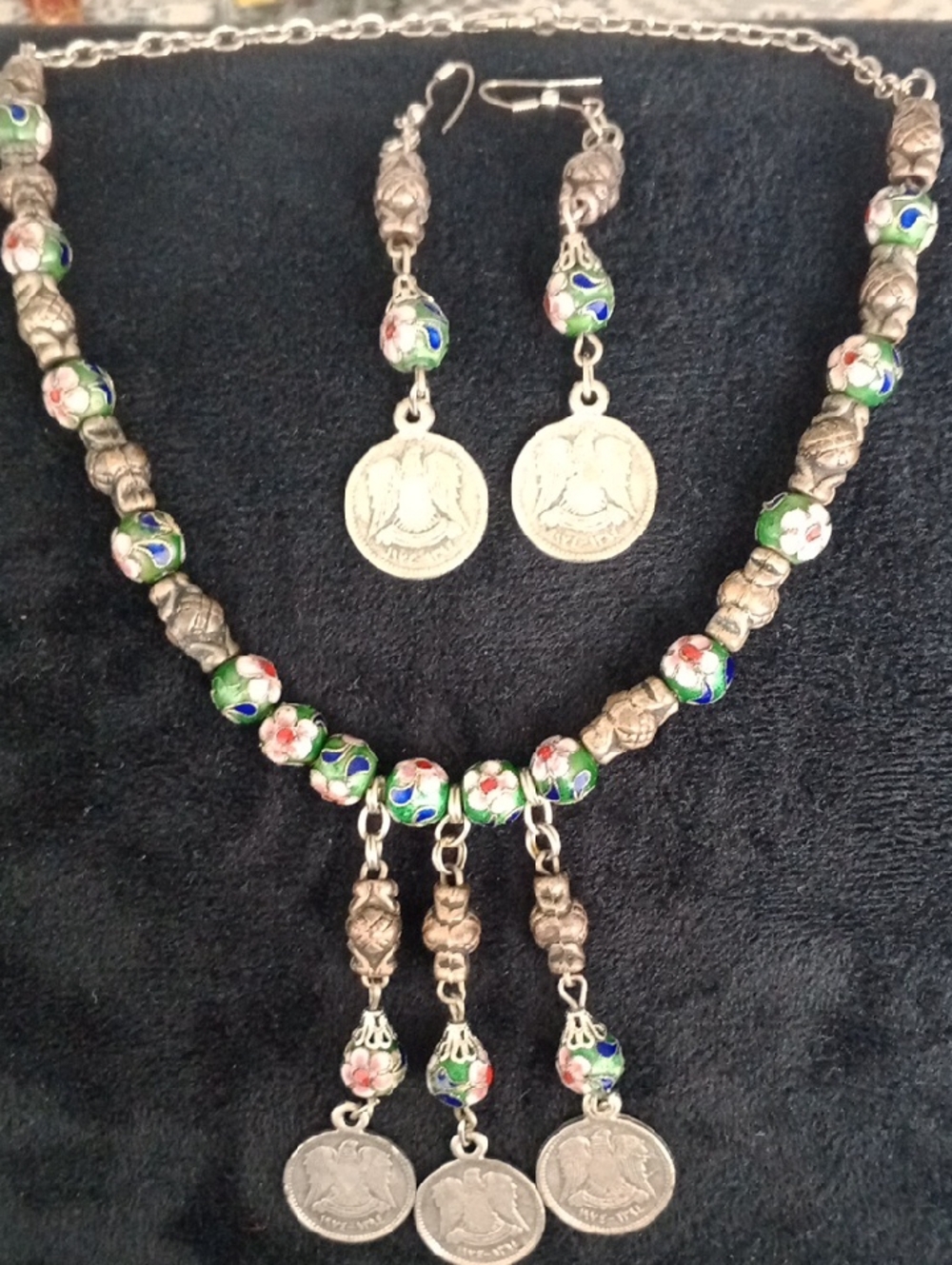 Vintage-Inspired Green Cloisonné Bead Necklace & Earring Set (Arabic Coins)